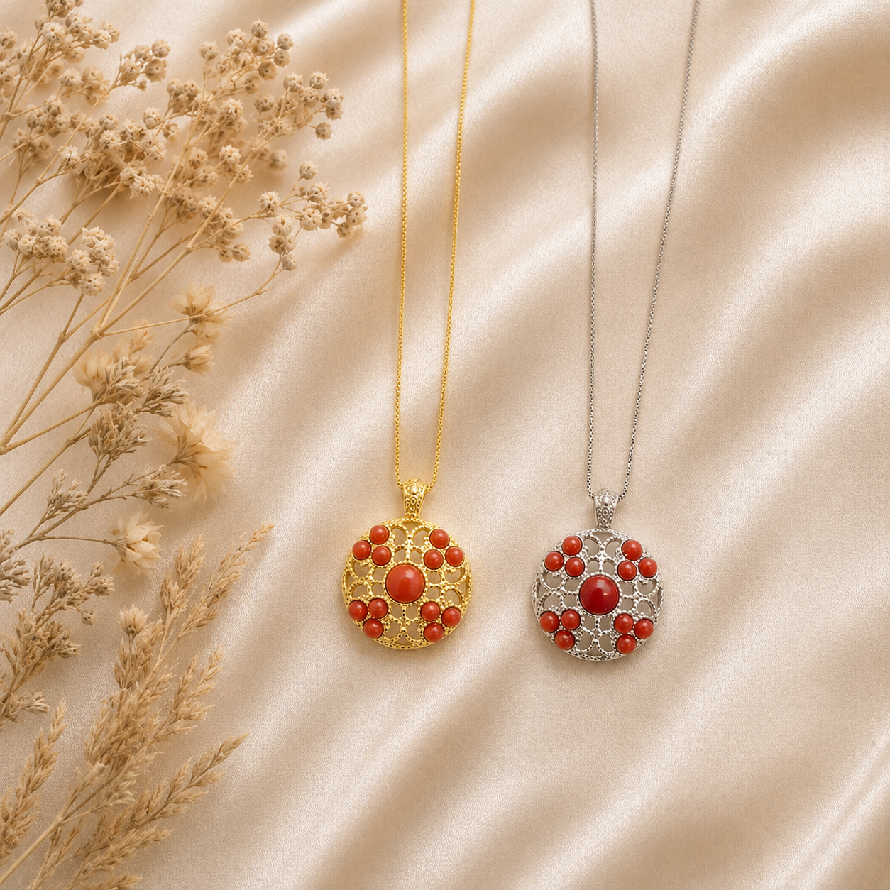 Collana Corallo Rosso Naturale e Argento 925 Donna – Disponibile in 2 Finiture