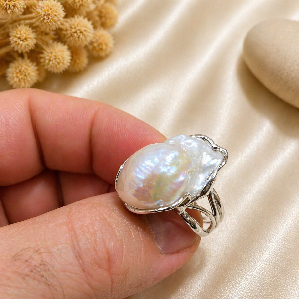 Anello perle barocche naturale in argento 925 disponibile in 2 finiture