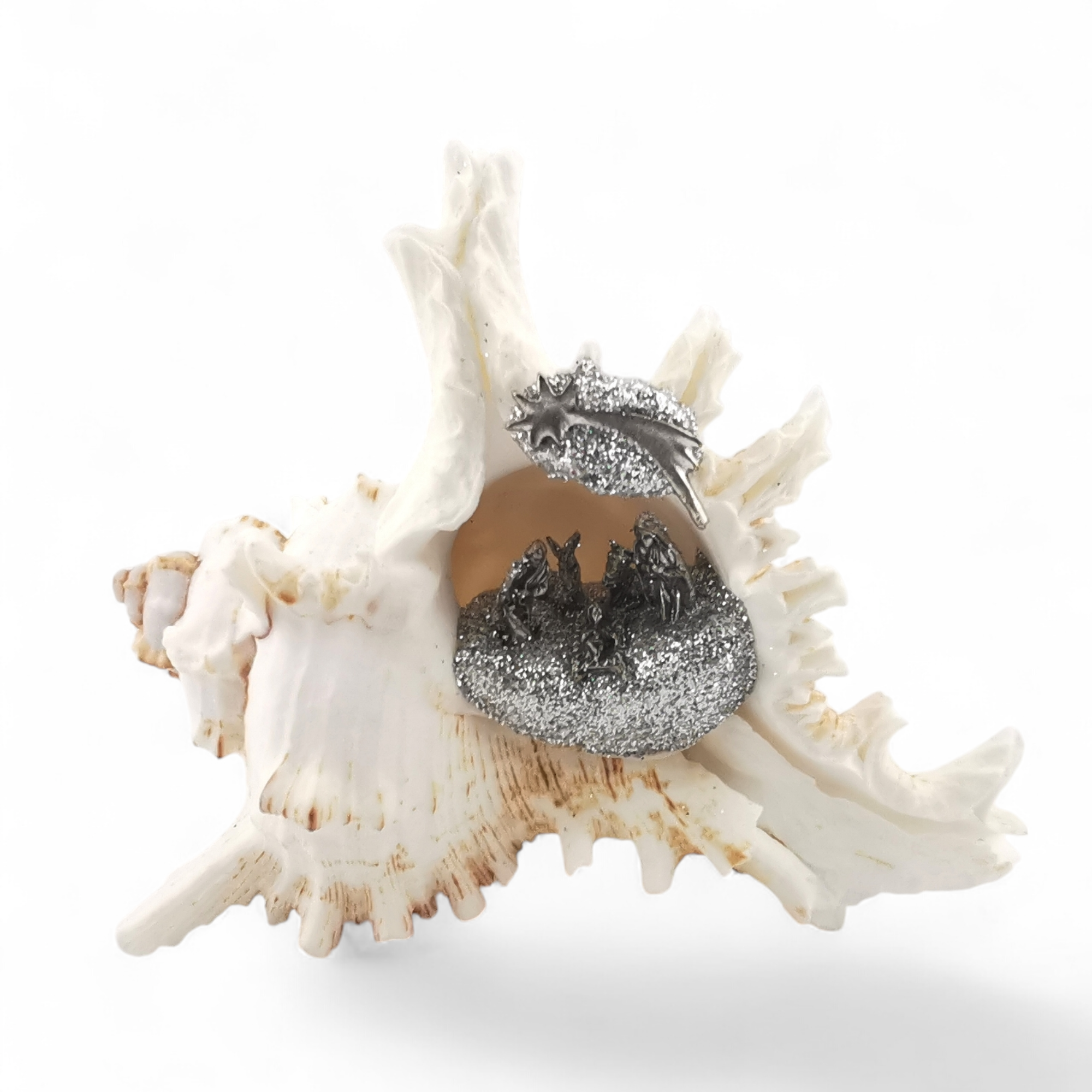 presepe in conchiglia naturale MUREX RAMOSUS con natività in lega di zama