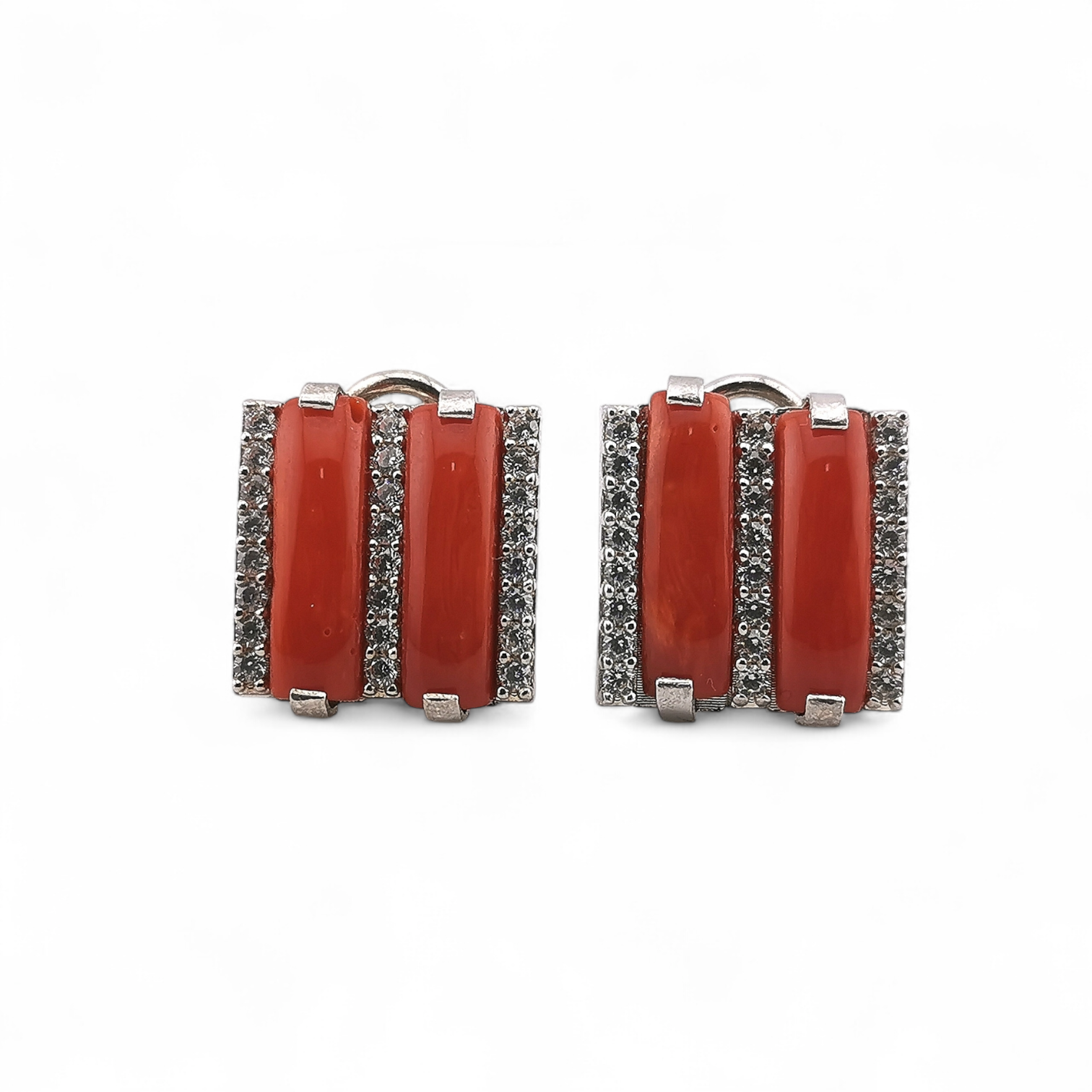 orecchini barrette di corallo rosso naturale con zirconi in argento 925