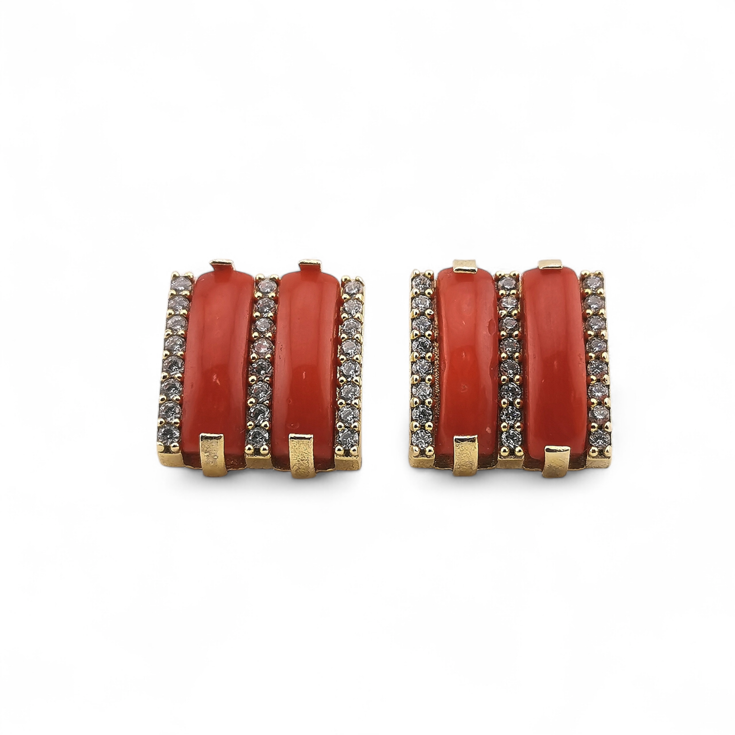orecchini barrette di corallo rosso naturale con zirconi in argento 925