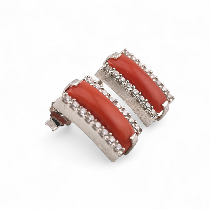 orecchini barrette di corallo rosso naturale con zirconi in argento 925