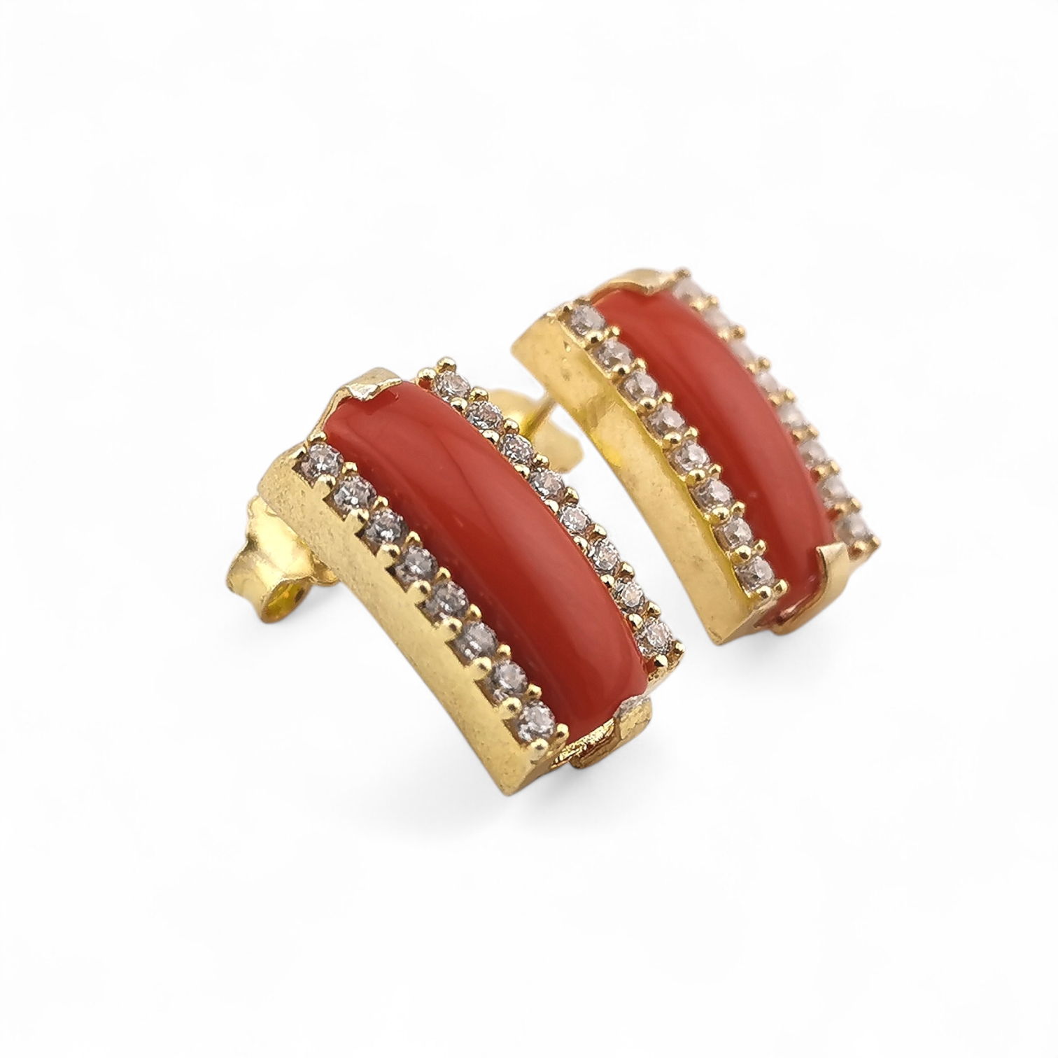 orecchini barrette di corallo rosso naturale con zirconi in argento 925