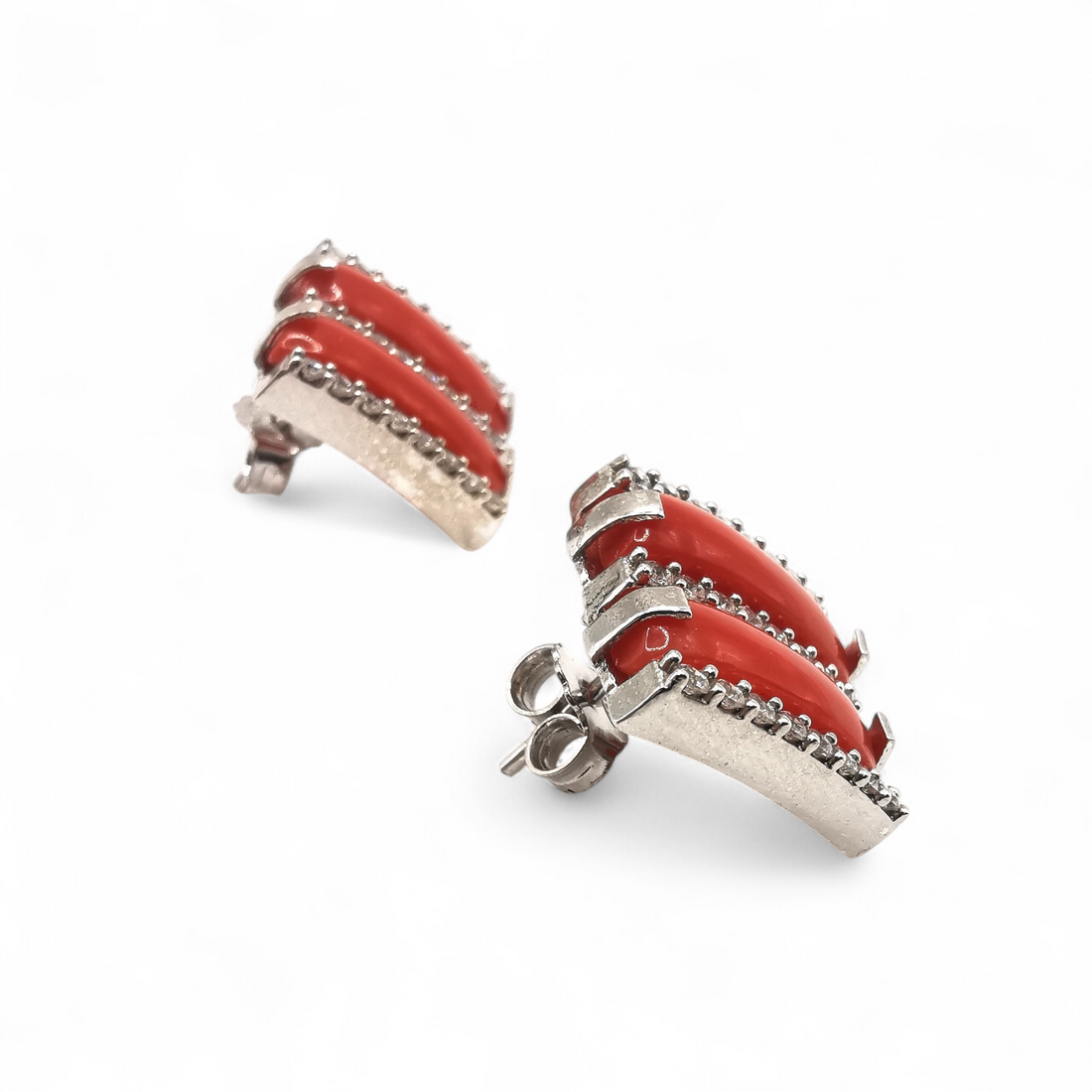 orecchini barrette di corallo rosso naturale con zirconi in argento 925