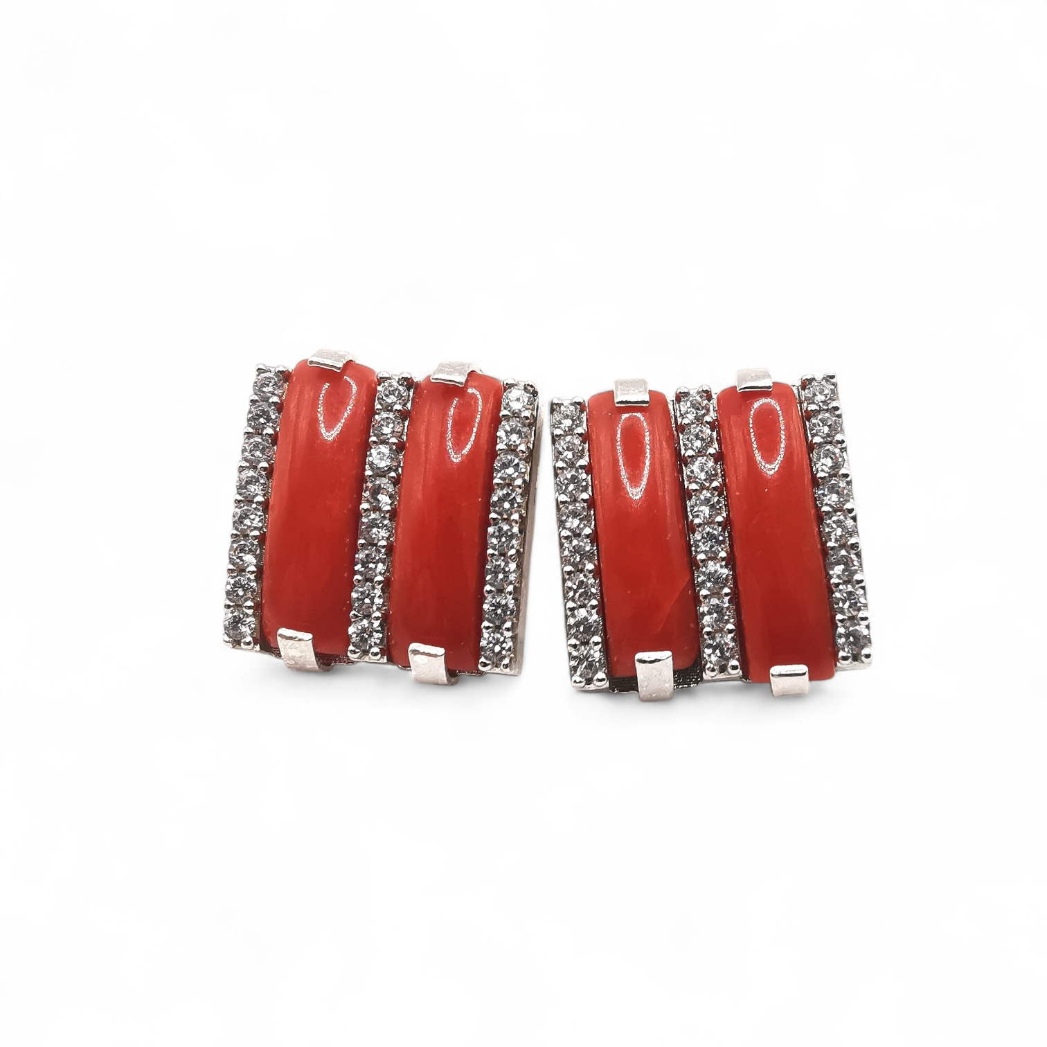 orecchini barrette di corallo rosso naturale con zirconi in argento 925