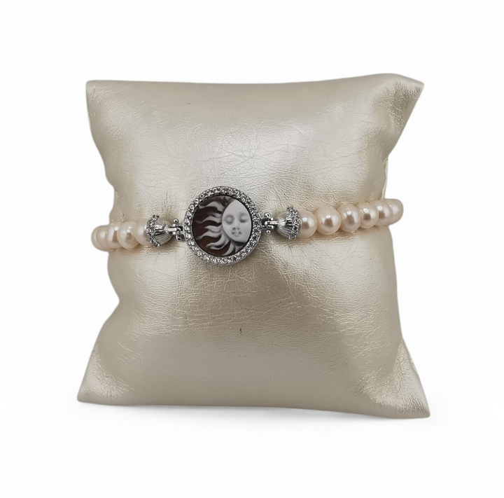 Bracciale con perle con cammeo e zirconi da 12 mm in argento 925 varie figure PERSONALIZZATE