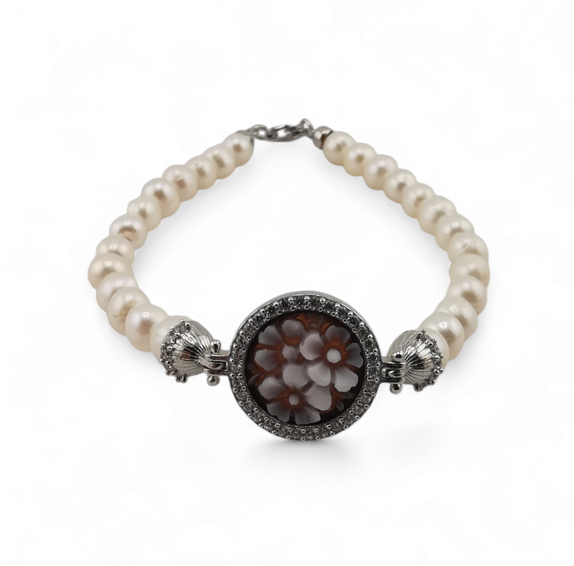 Bracciale con perle con cammeo e zirconi da 12 mm in argento 925 varie figure PERSONALIZZATE