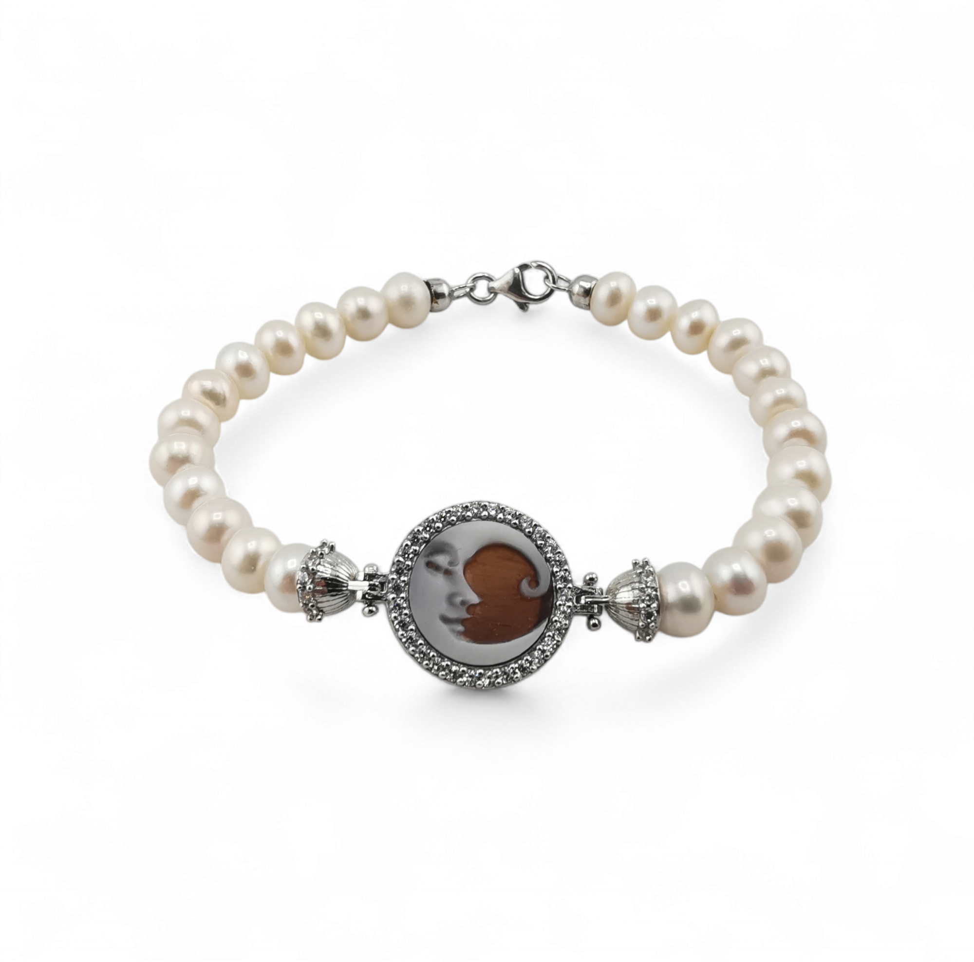Bracciale con perle con cammeo e zirconi da 12 mm in argento 925 varie figure PERSONALIZZATE
