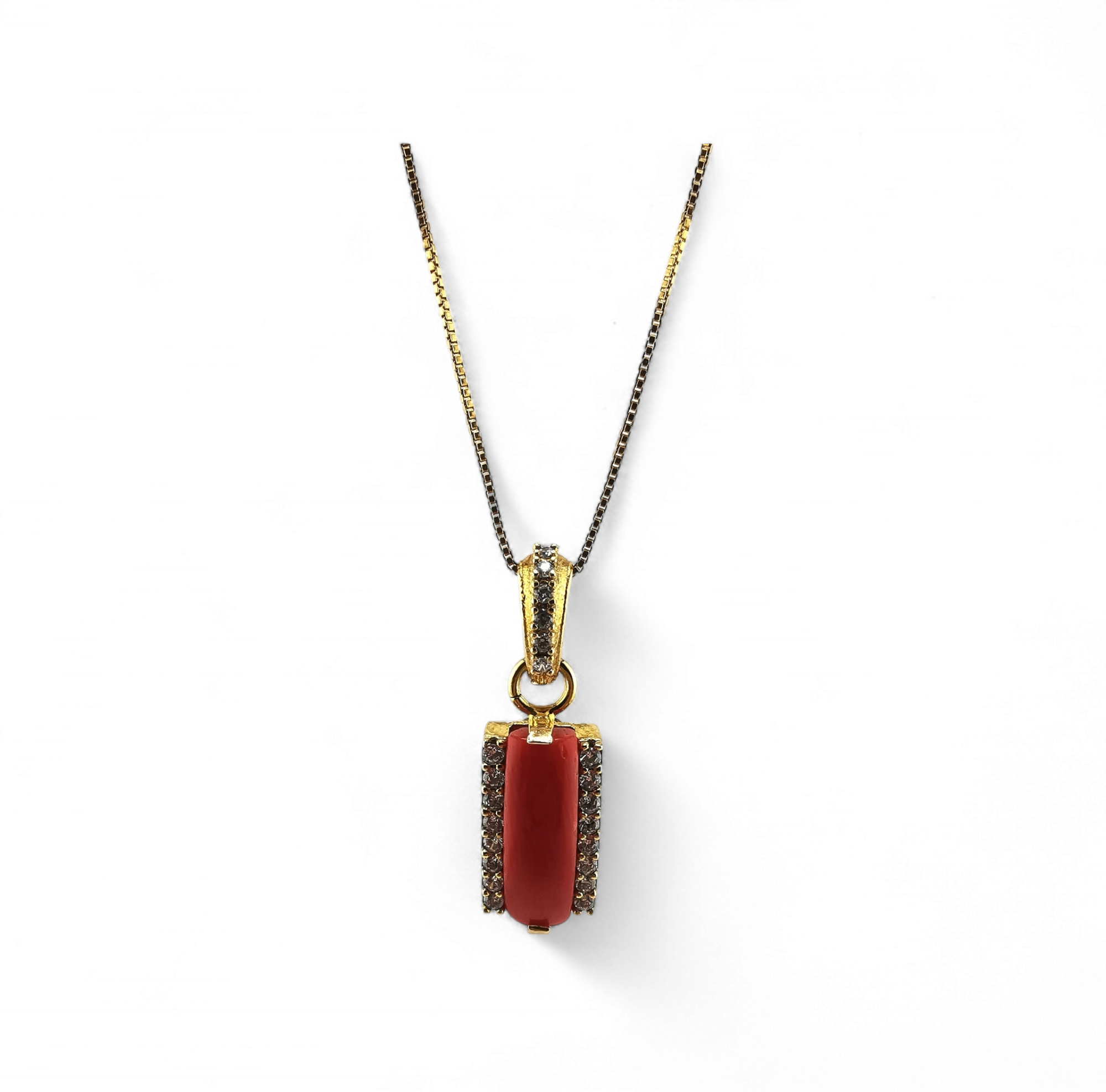 collana ciondolo fascetta di corallo rosso e zirconi in argento 925 rodiato/dorato