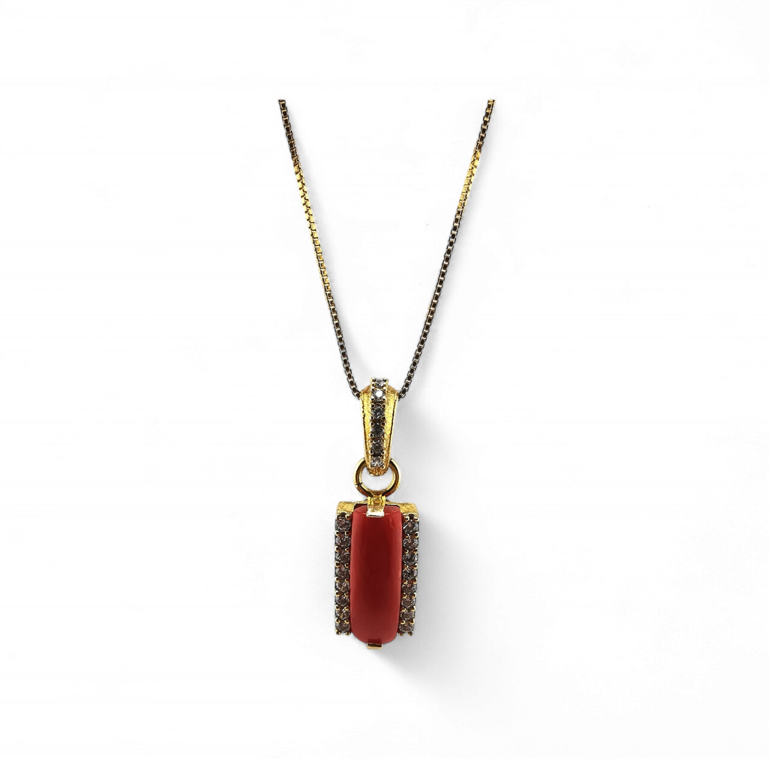 collana ciondolo fascetta di corallo rosso e zirconi in argento 925 rodiato/dorato