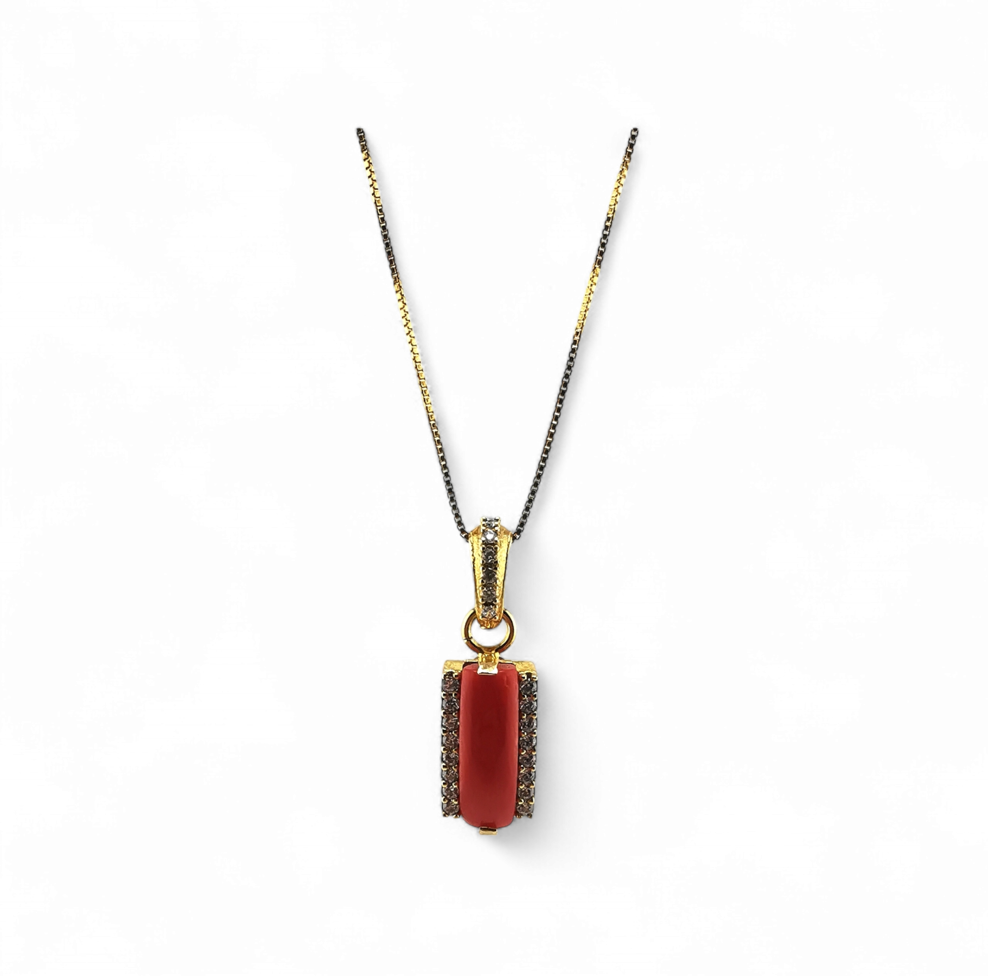 collana ciondolo fascetta di corallo rosso e zirconi in argento 925 rodiato/dorato