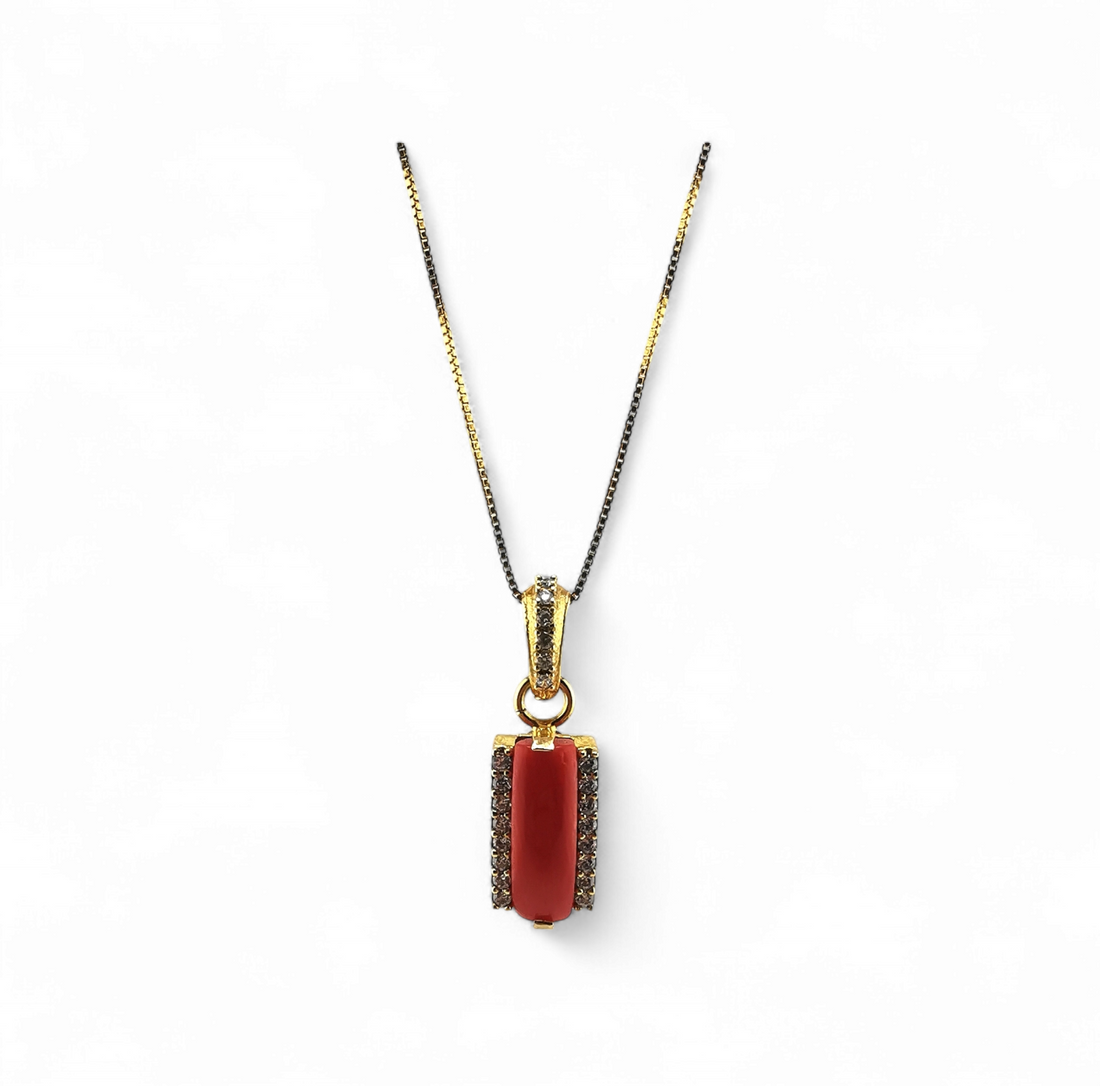 collana ciondolo fascetta di corallo rosso e zirconi in argento 925 rodiato/dorato