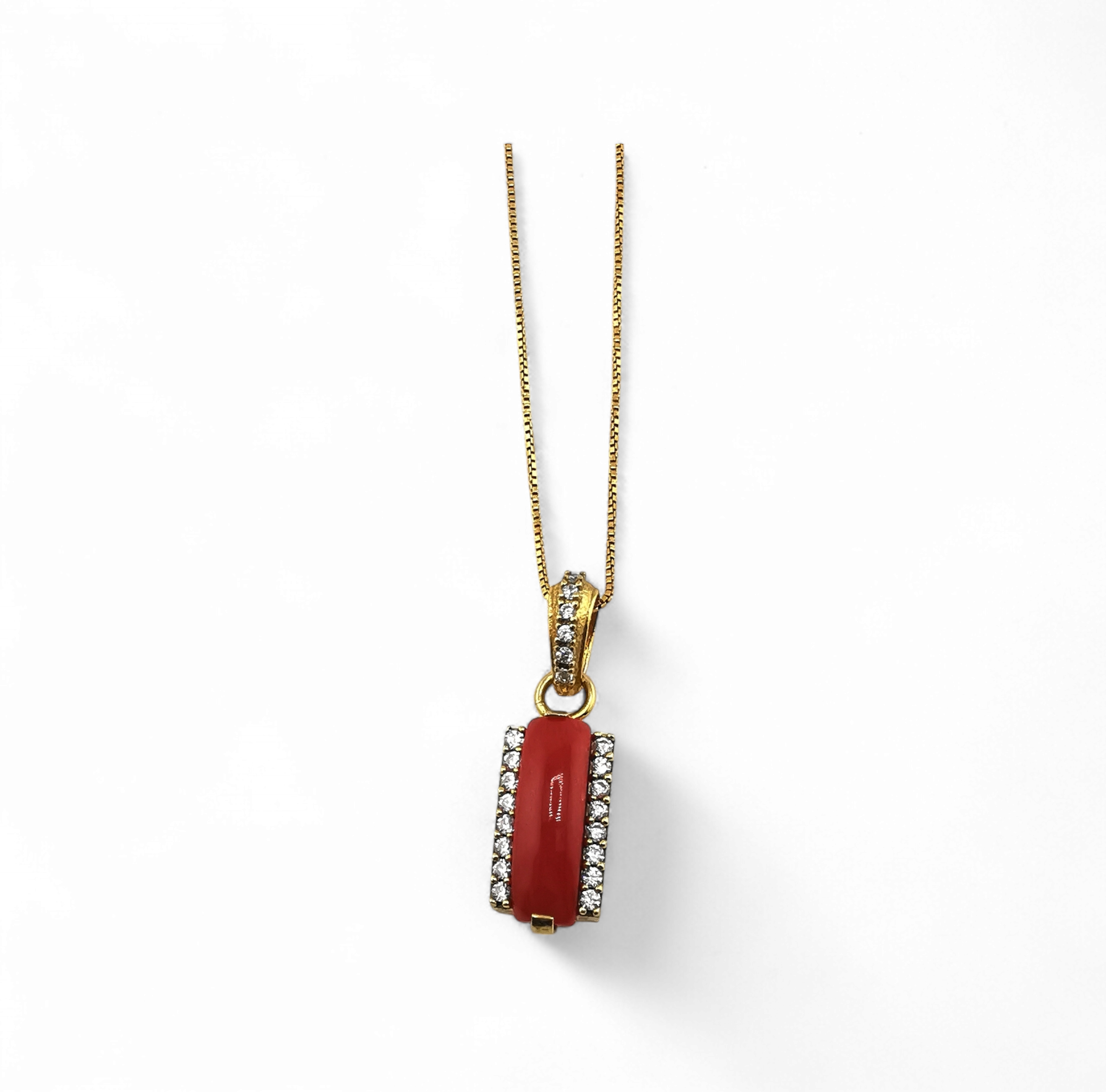 collana ciondolo fascetta di corallo rosso e zirconi in argento 925 rodiato/dorato
