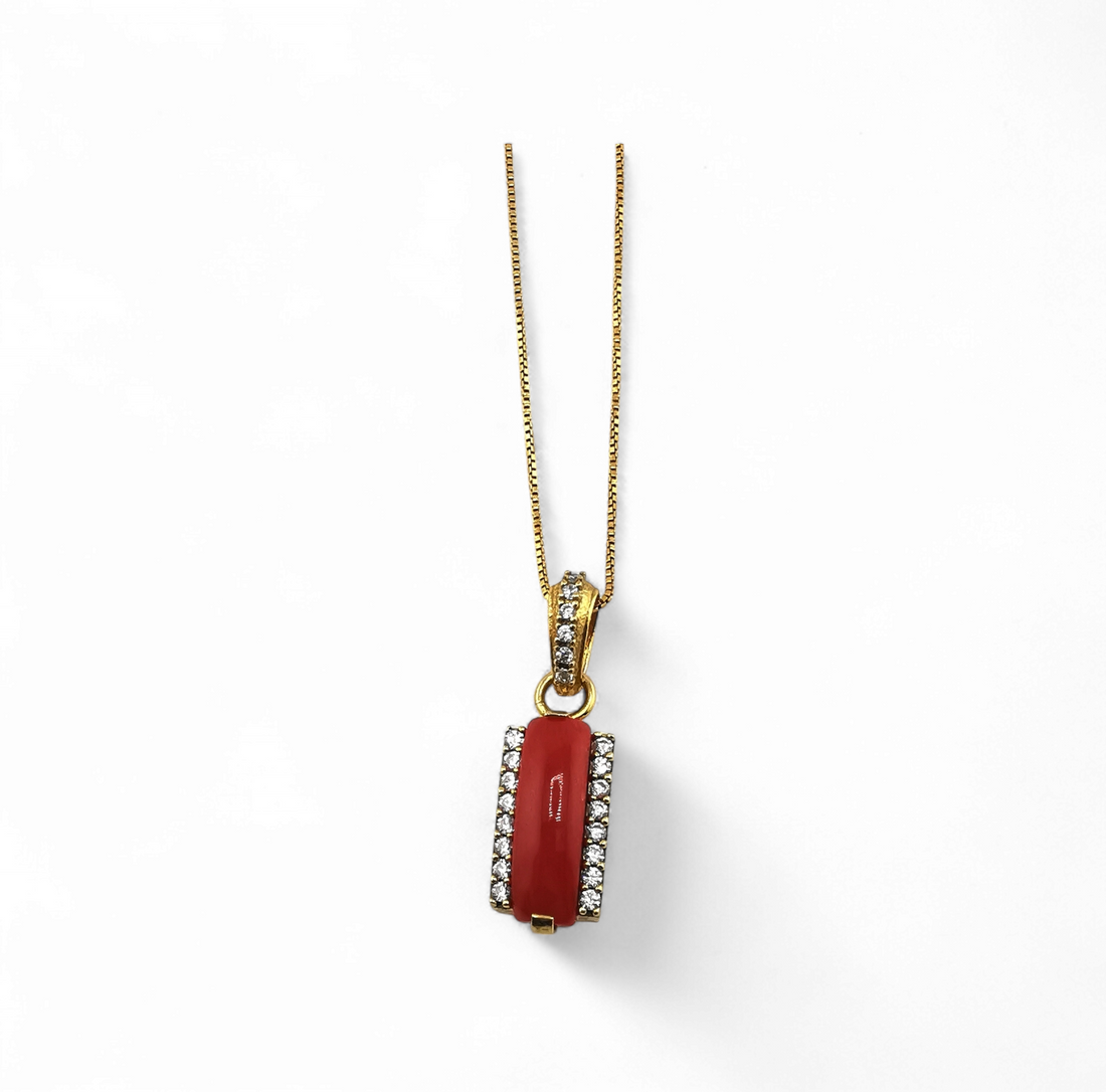 collana ciondolo fascetta di corallo rosso e zirconi in argento 925 rodiato/dorato