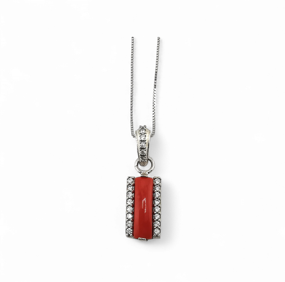 collana ciondolo fascetta di corallo rosso e zirconi in argento 925 rodiato/dorato