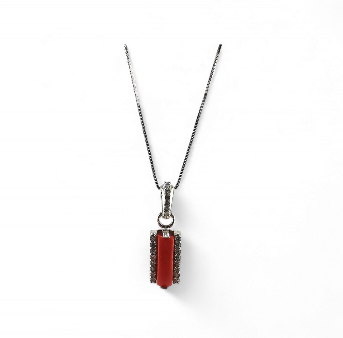 collana ciondolo fascetta di corallo rosso e zirconi in argento 925 rodiato/dorato