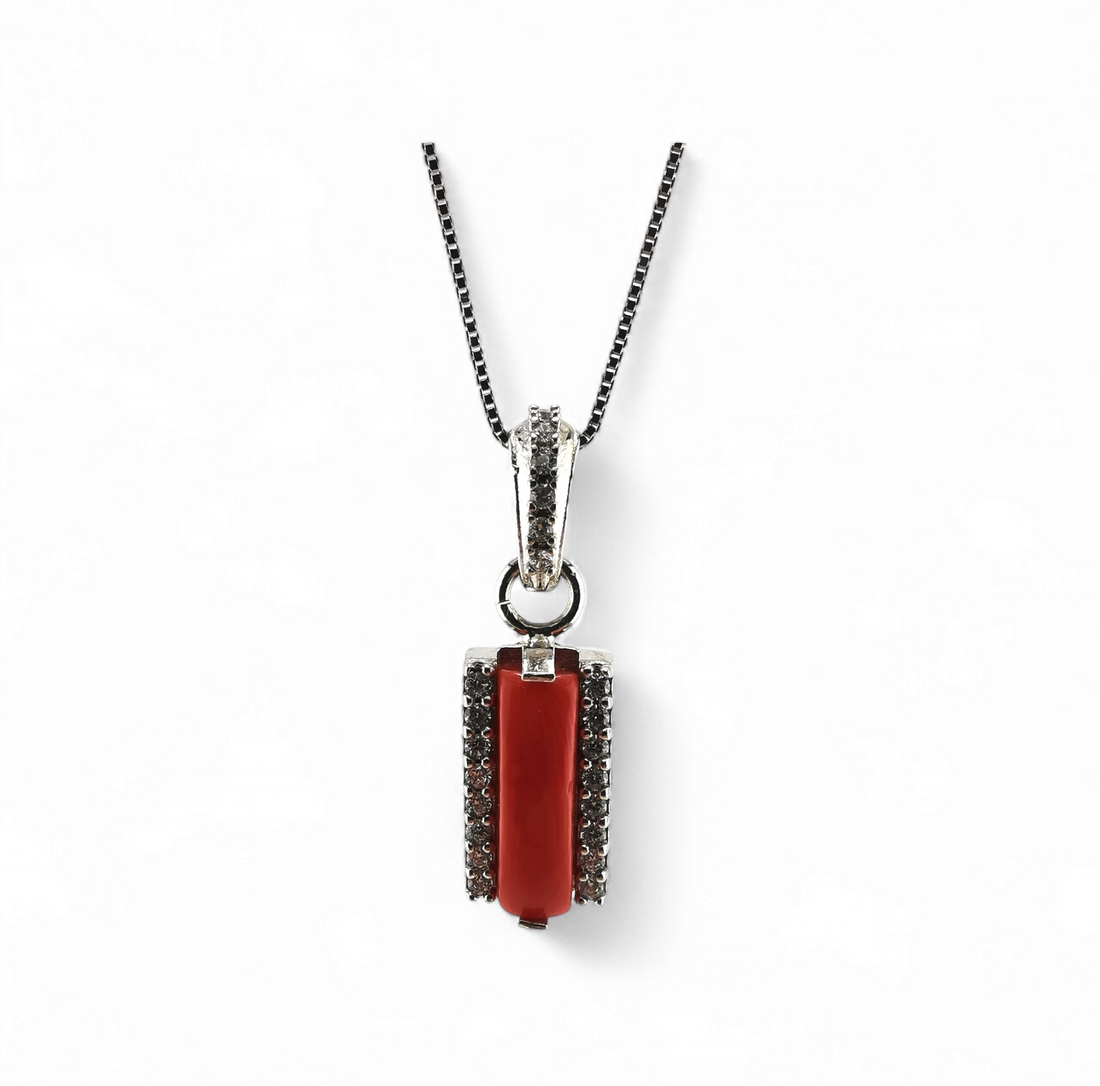 collana ciondolo fascetta di corallo rosso e zirconi in argento 925 rodiato/dorato