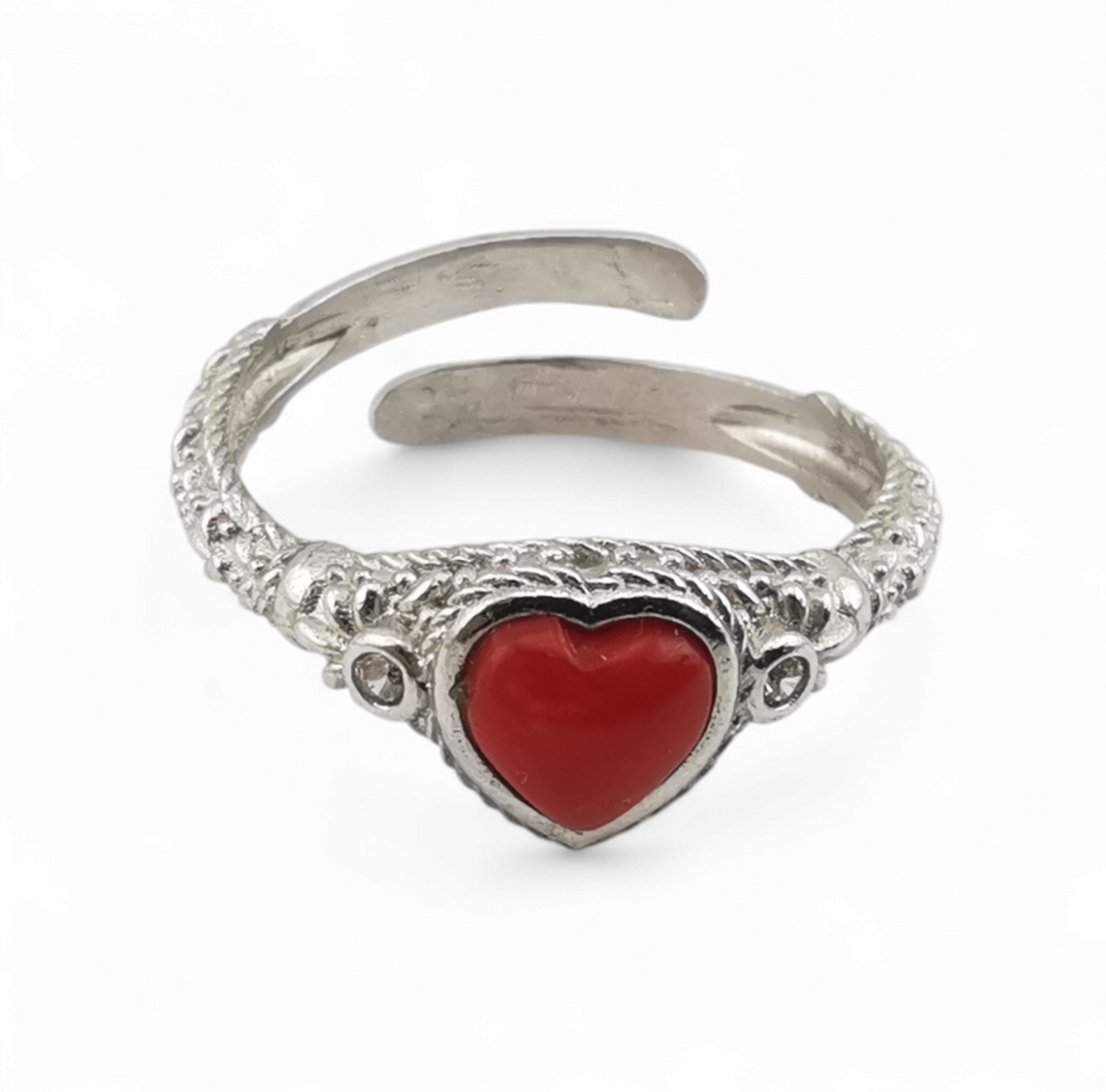 anello cuore di corallo rosso e zirconi regolabile in argento 925