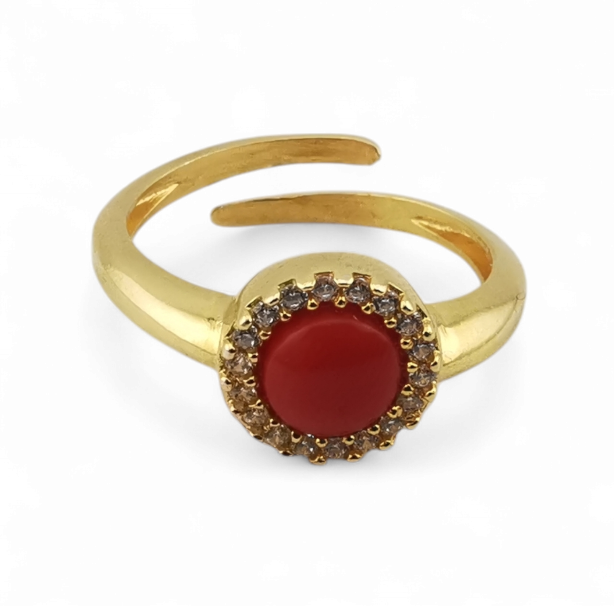 anello caboscon tondo di corallo rosso naturale e zirconi in argento 925