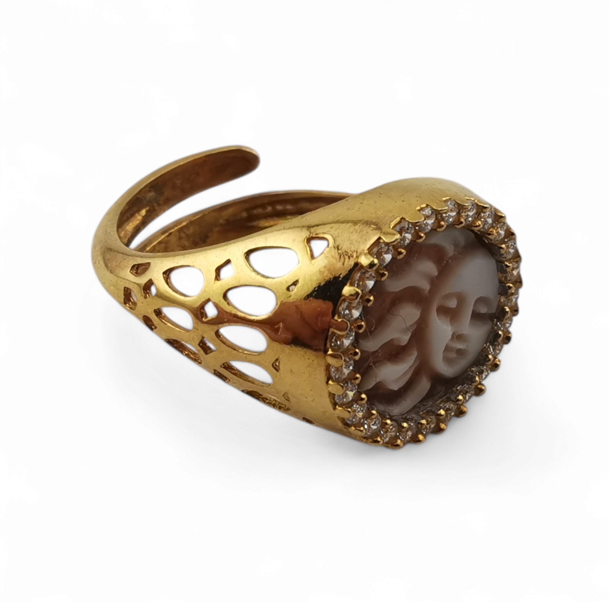 anello traforato con cammeo da 10 mm e zirconi in argento 925 varie figure