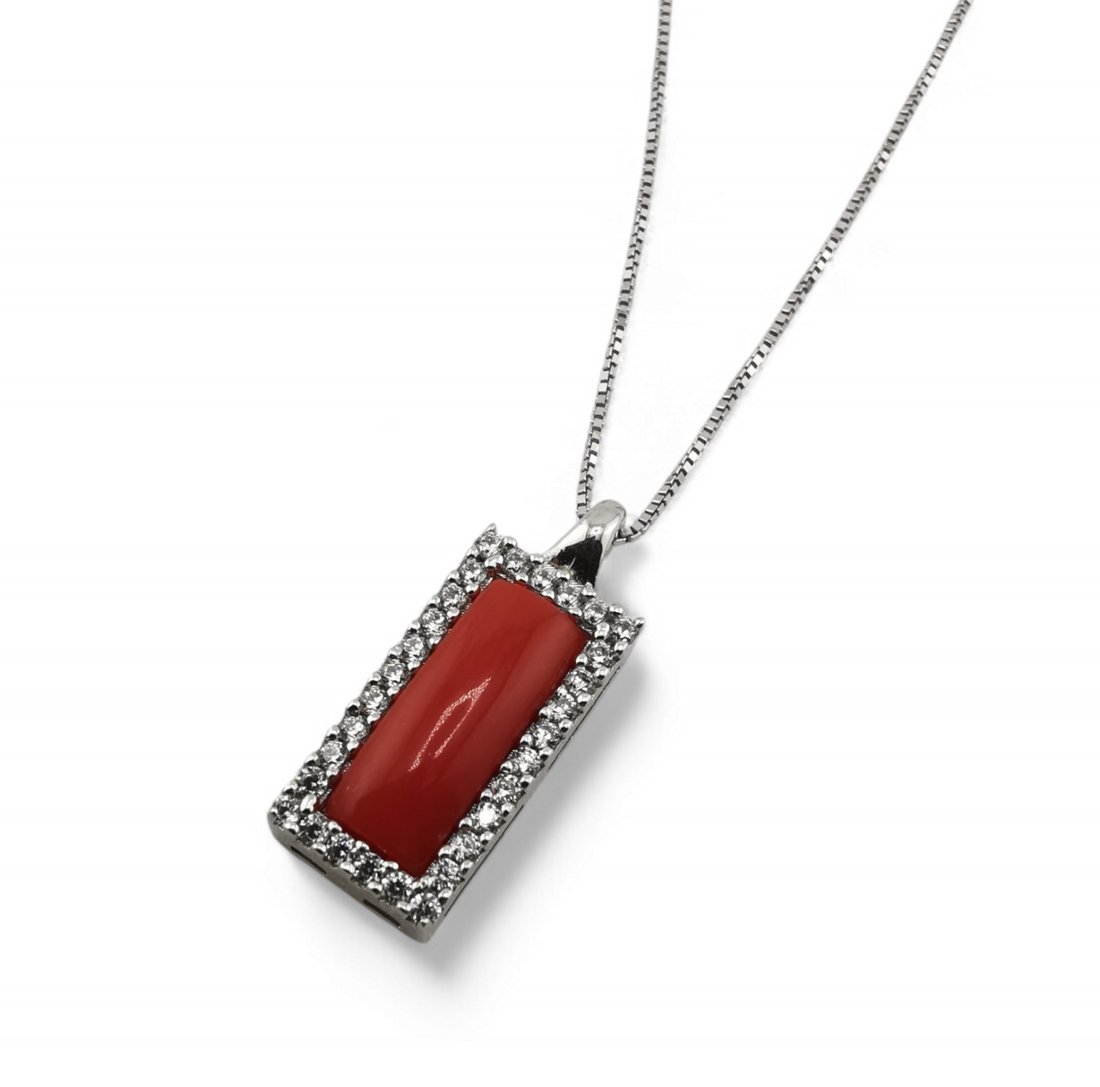 collana ciondolo fascetta di corallo rosso e zirconi in argento 925 rodiato