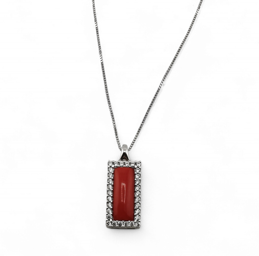 collana ciondolo fascetta di corallo rosso e zirconi in argento 925 rodiato