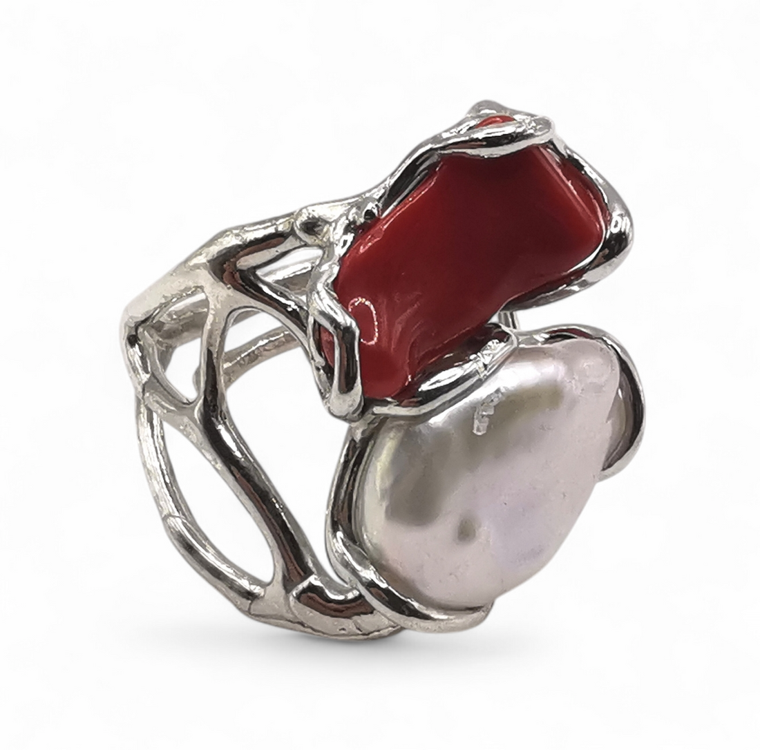 anello con corallo rosso e perla barocca in argento 925