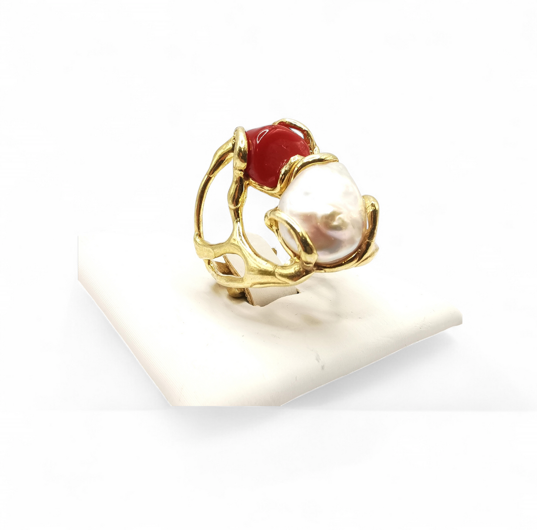 anello con corallo rosso e perla barocca in argento 925