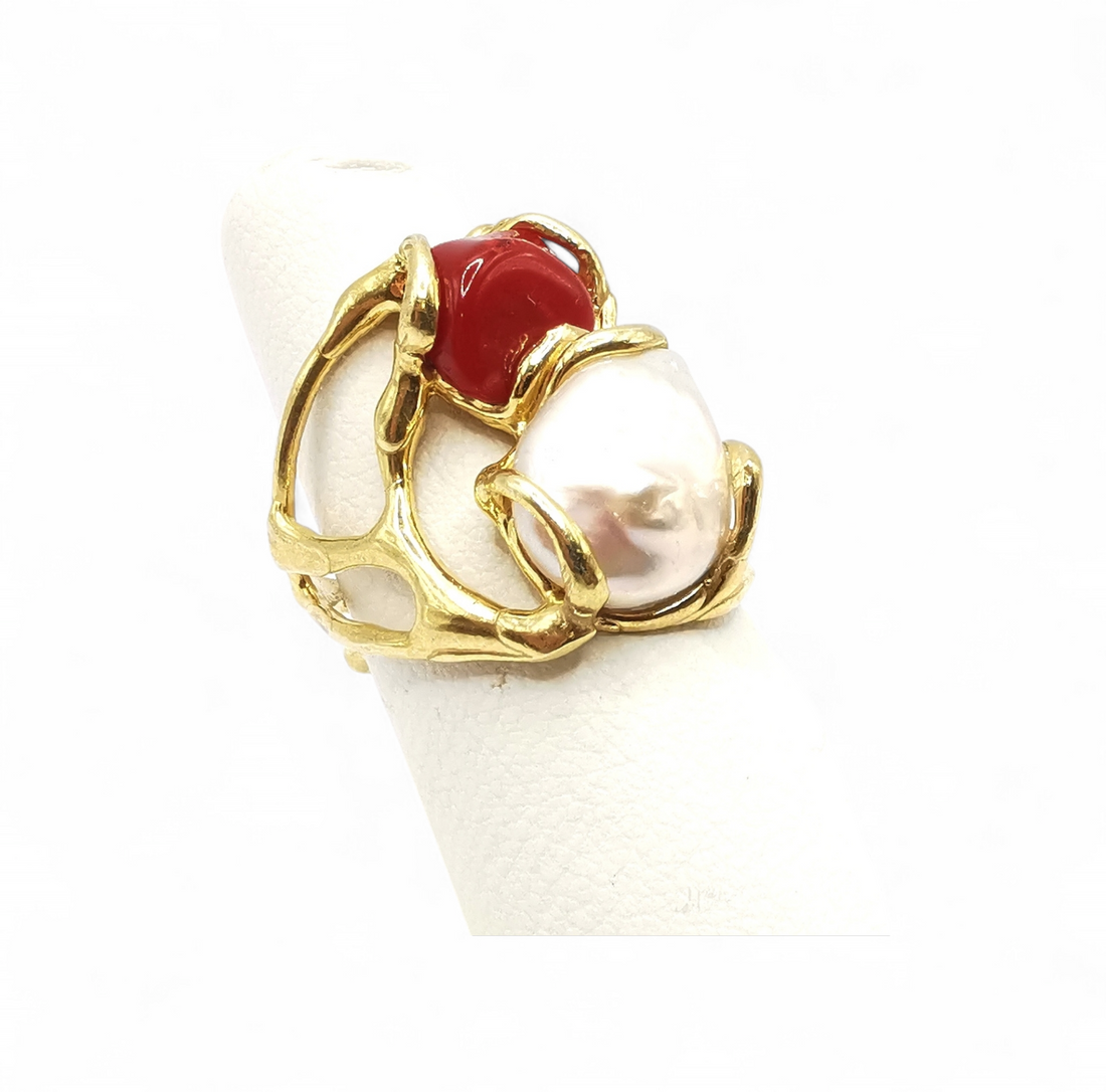 anello con corallo rosso e perla barocca in argento 925