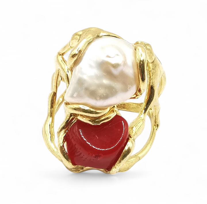 anello con corallo rosso e perla barocca in argento 925