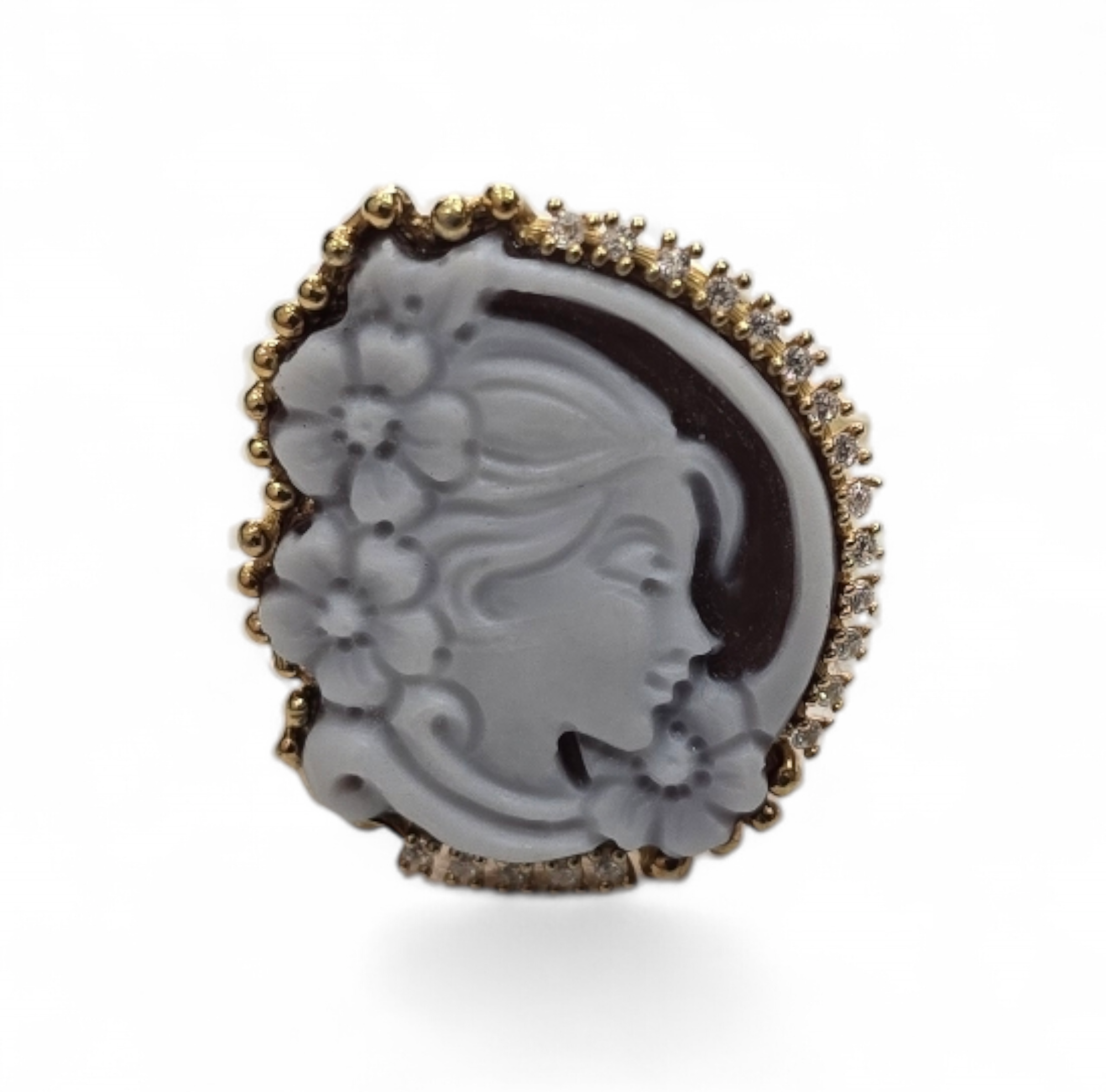 Anello cammeo profilo di donna inciso a mano in argento 925 bagnato in oro giallo
