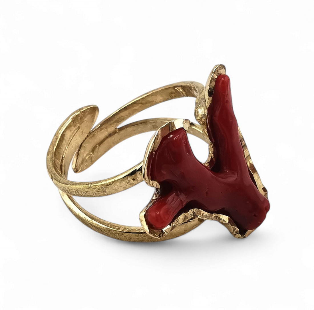 parure orecchini, anello e pendente rametti di corallo rosso naturale in argento gold