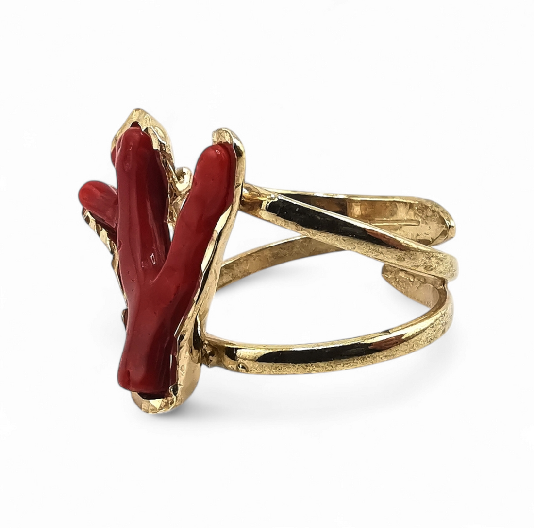 parure orecchini, anello e pendente rametti di corallo rosso naturale in argento gold