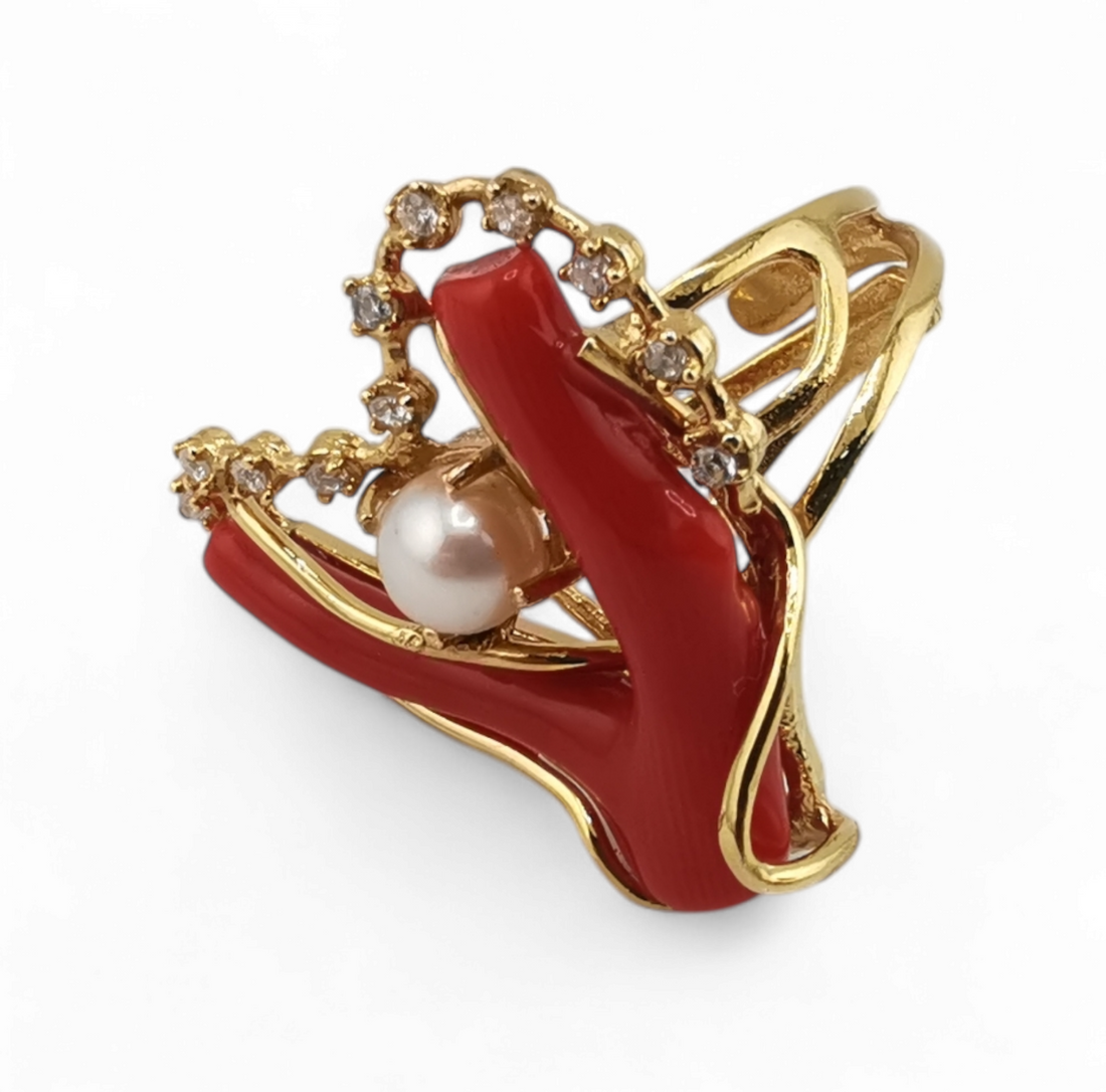 parure orecchini, anello e pendente rametti di corallo rosso naturale, perla e zirconi in argento 925 gold