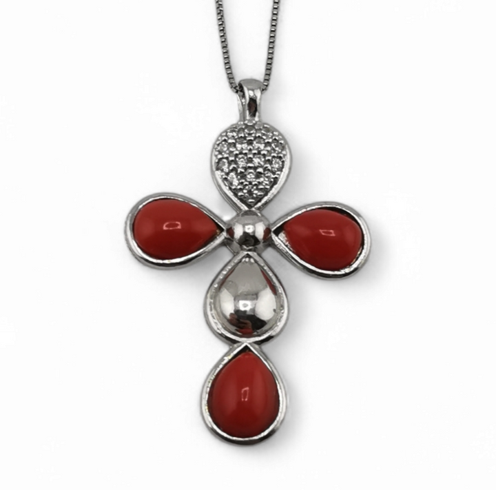 collana ciondolo di corallo rosso e zirconi in argento 925 rodiato 