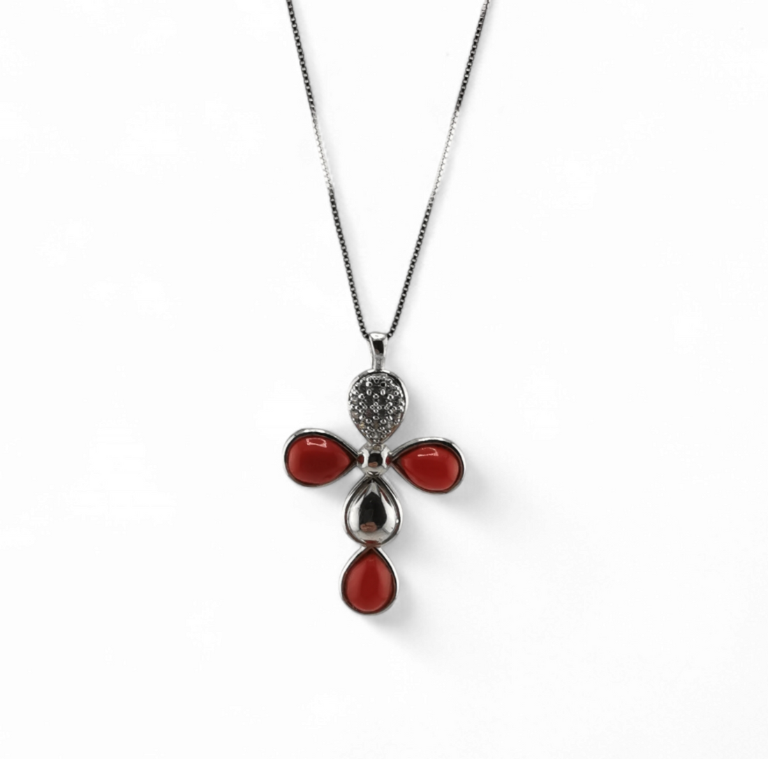 collana ciondolo di corallo rosso e zirconi in argento 925 rodiato 