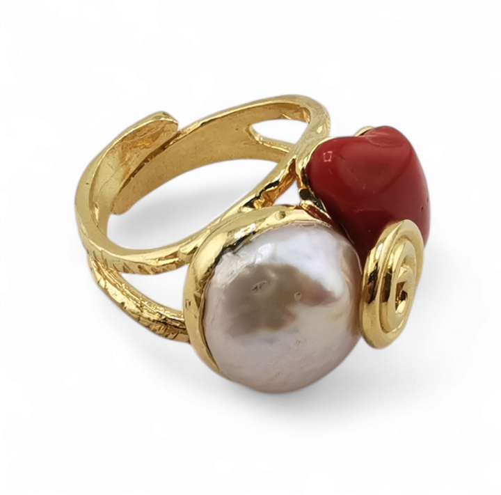 anello aspirale con corallo rosso e perla barocca in argento 925