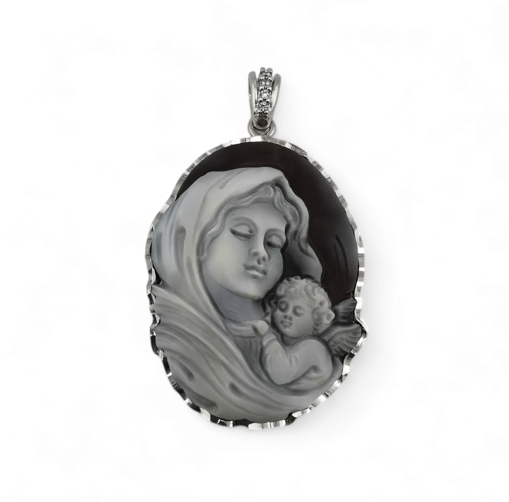 Collana con ciondolo cammeo sardonico MAMMA E FIGLIO  in argento 925 rodiato