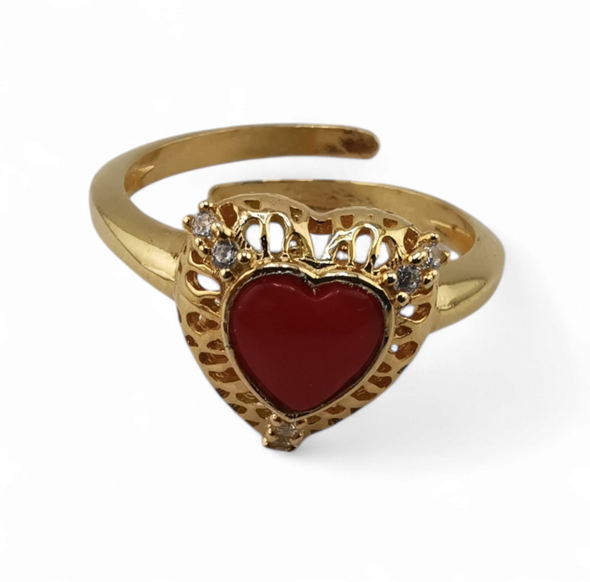 anello traforato con cuore di corallo rosso naturale e zirconi in argento 925 