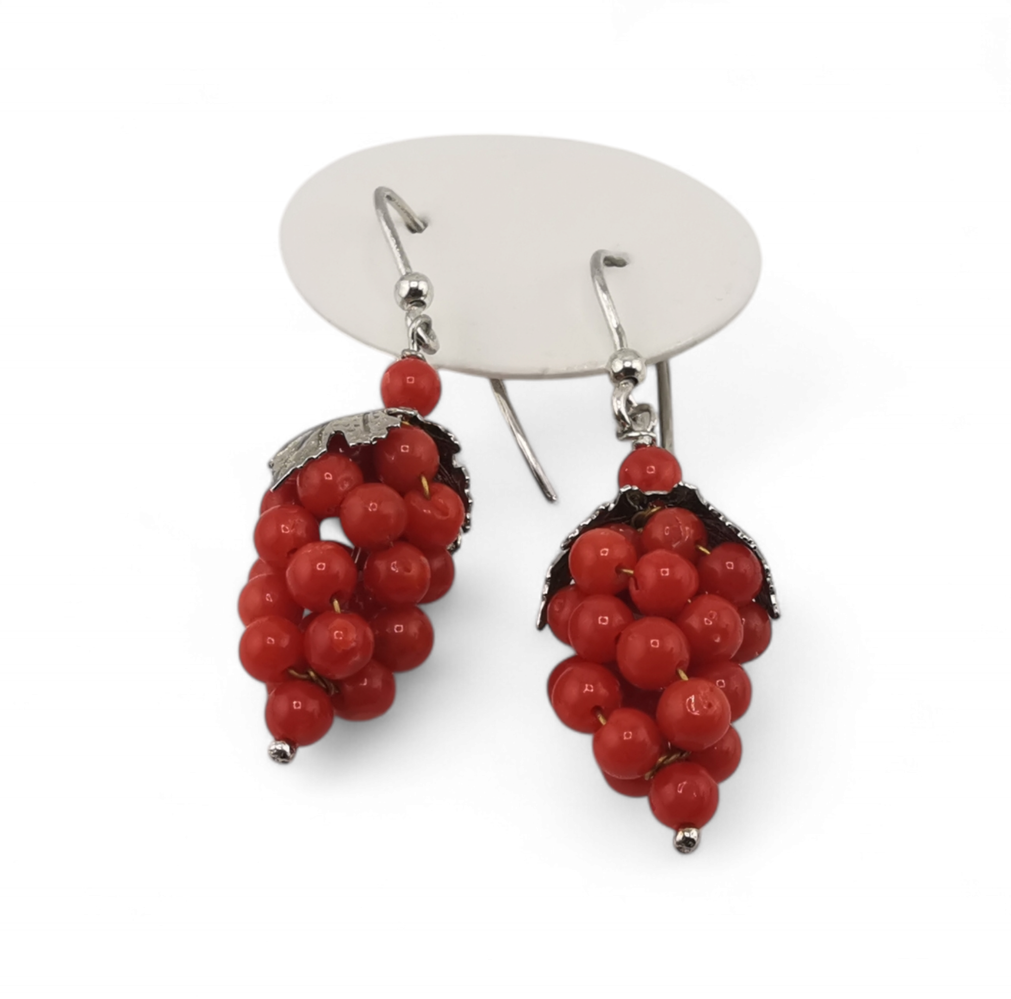 Orecchini pendenti grappoli d'uva di corallo rosso naturale in argento 925 silver o gold