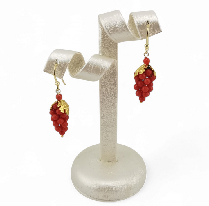 Orecchini pendenti grappoli d'uva di corallo rosso naturale in argento 925 silver o gold