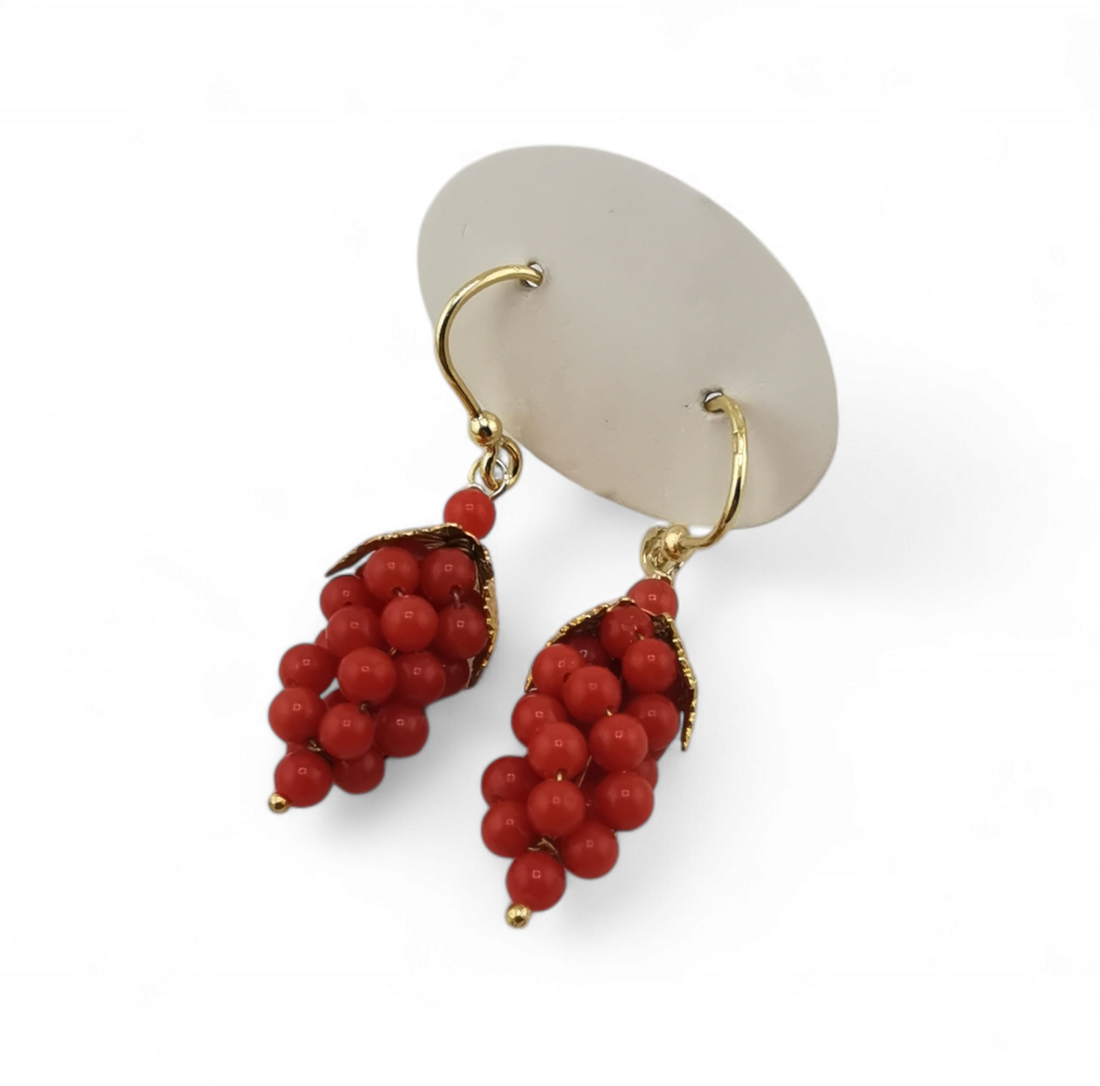 Orecchini pendenti grappoli d'uva di corallo rosso naturale in argento 925 silver o gold