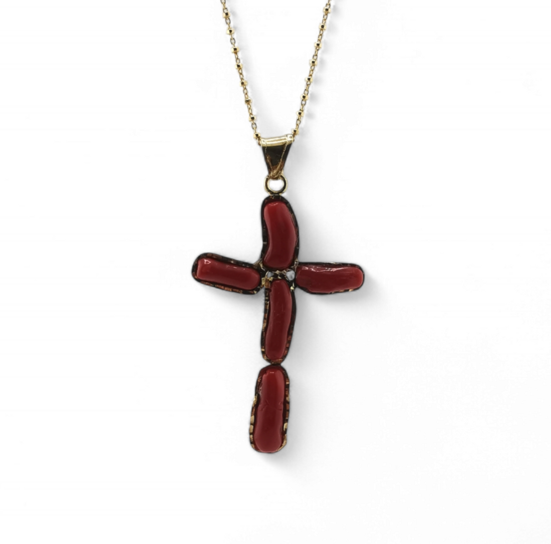 collana ciondolo croce di corallo rosso in argento 925 silver o gold