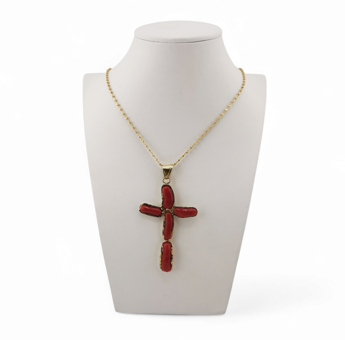 collana ciondolo croce di corallo rosso in argento 925 silver o gold