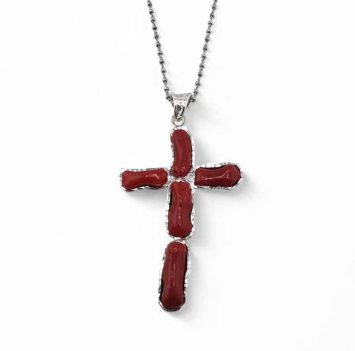 collana ciondolo croce di corallo rosso in argento 925 silver o gold