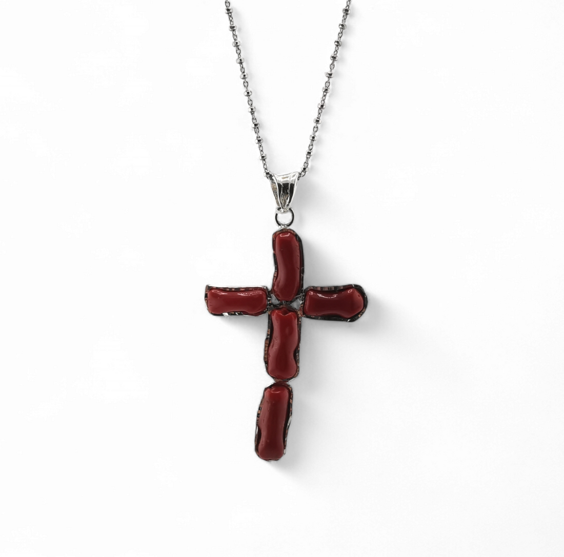 collana ciondolo croce di corallo rosso in argento 925 silver o gold