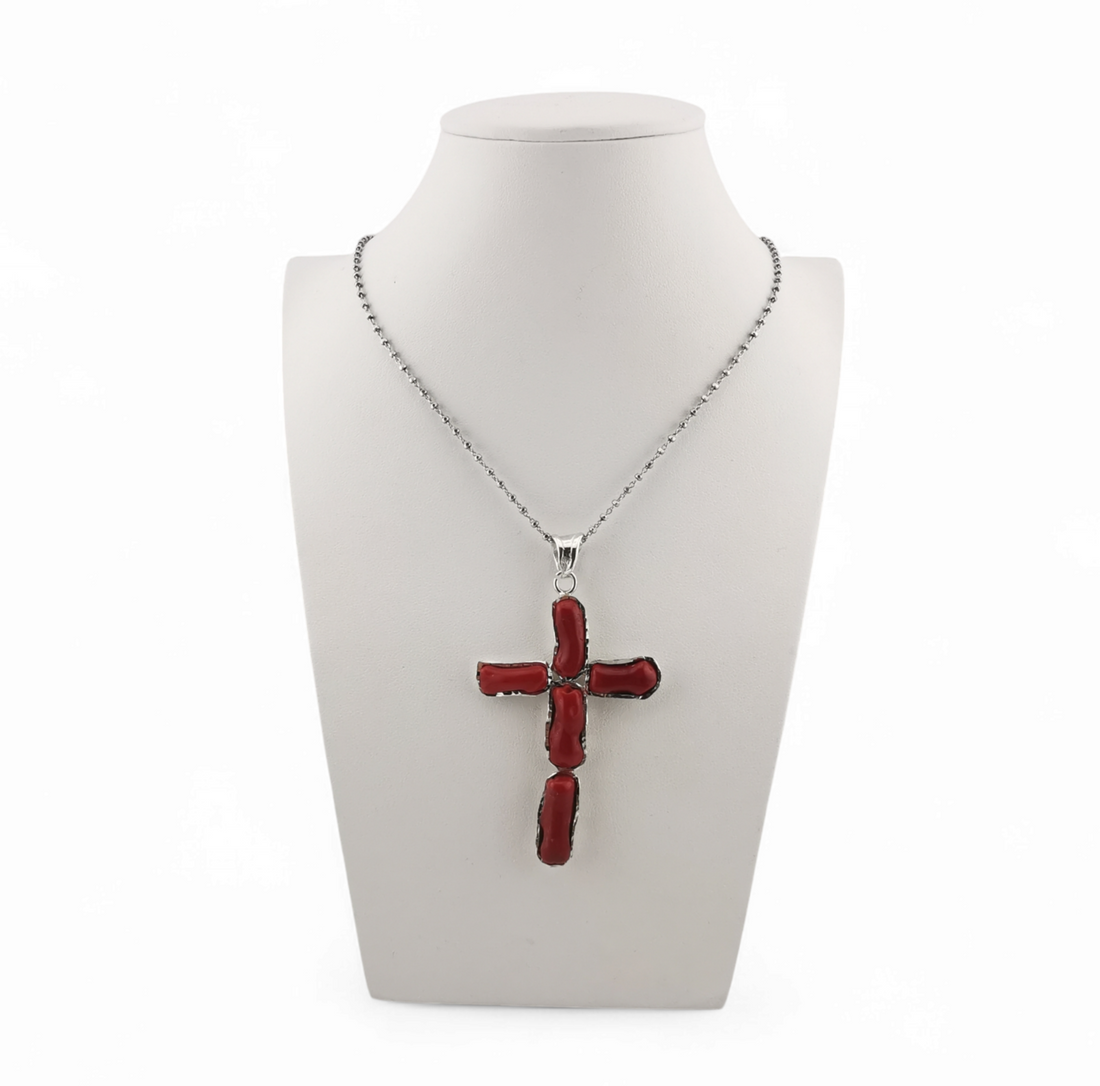 collana ciondolo croce di corallo rosso in argento 925 silver o gold