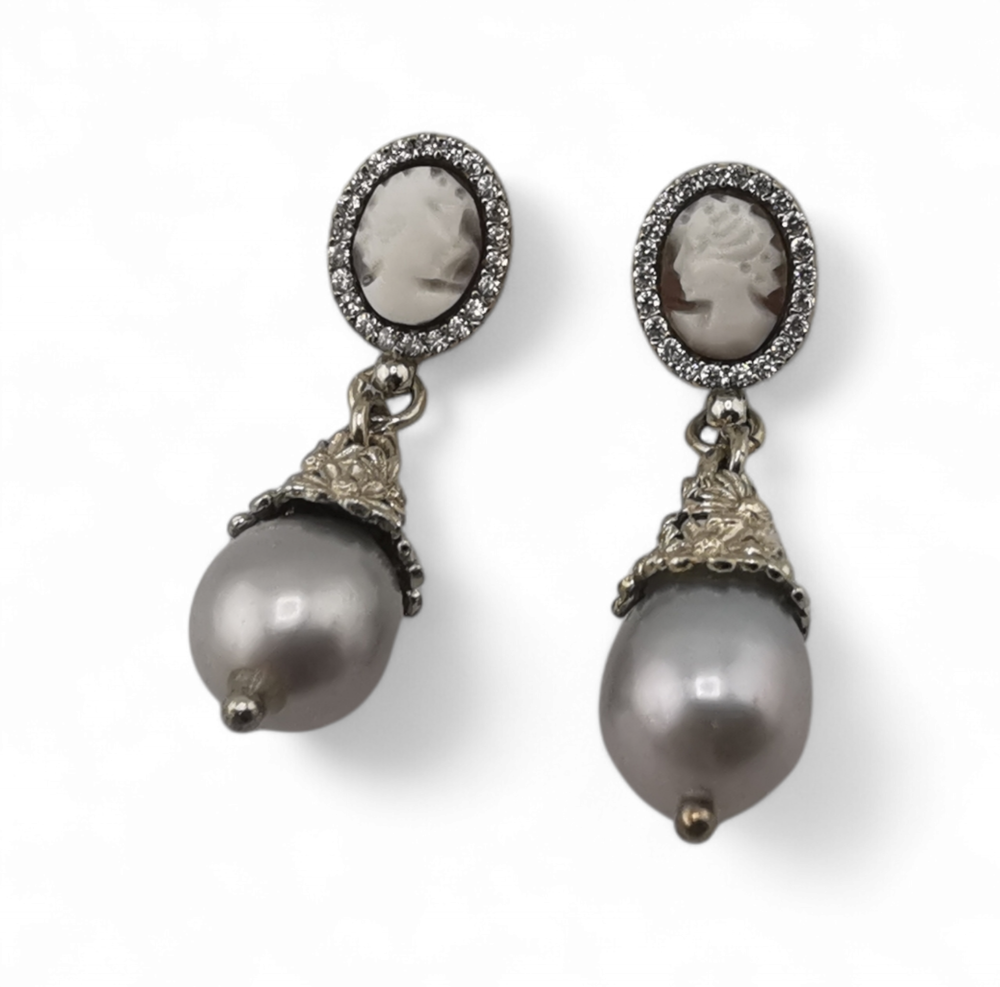 orecchini pendenti perle grigie e cammei con zirconi in argento 925 gold o silver