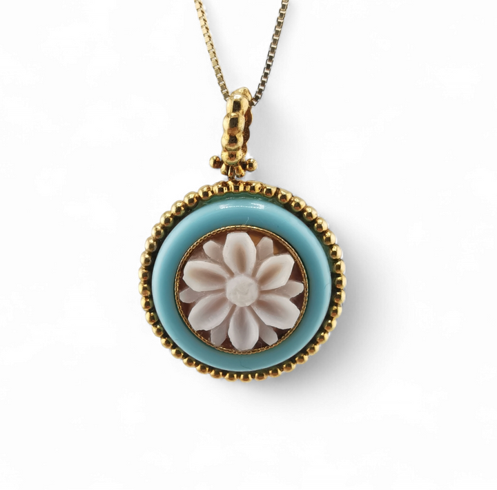 collana ciondolo cammeo floreale con cornice in pasta turchese in argento 925 gold