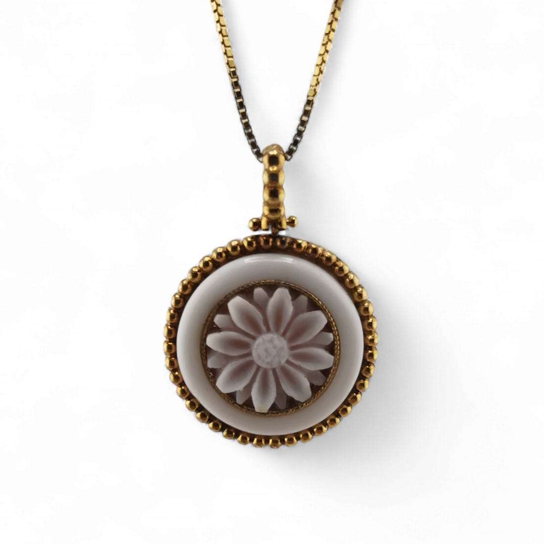 collana ciondolo cammeo floreale con cornice in agata bianca in argento 925 gold